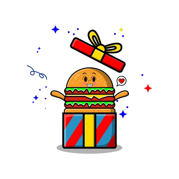 Vettore il simpatico cartone animato burger che esce da una grande confezione regalo sembra così felice in stile cartone animato piatto