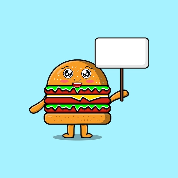 Cute cartoon Burger character holding blank board in vector concept flat cartoon style illustration