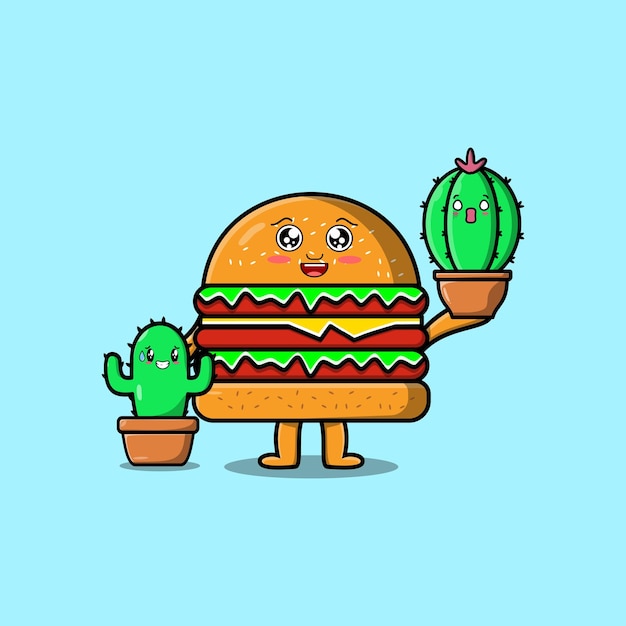 Симпатичный мультяшный персонаж бургера, держащий гамбургер в векторной иконке горшка