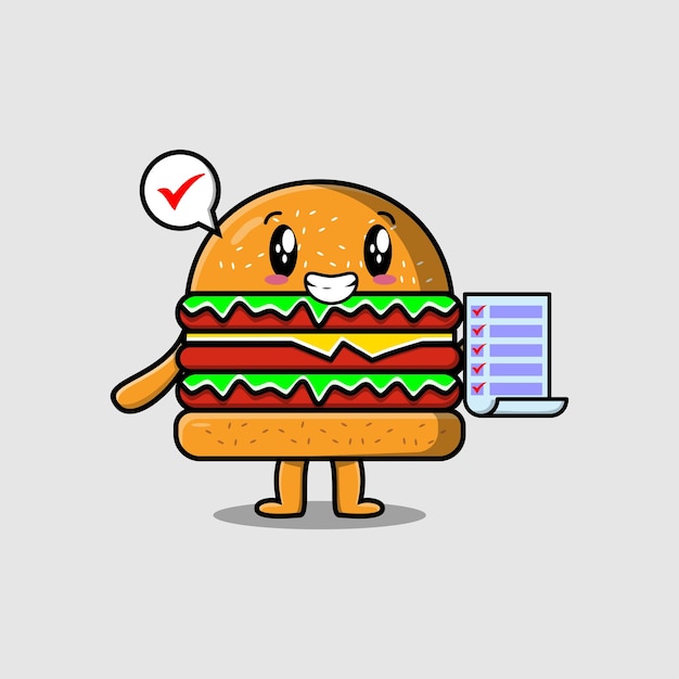 Simpatico cartone animato burger personaggio con lista di controllo nota in stile cartone animato piatto concetto