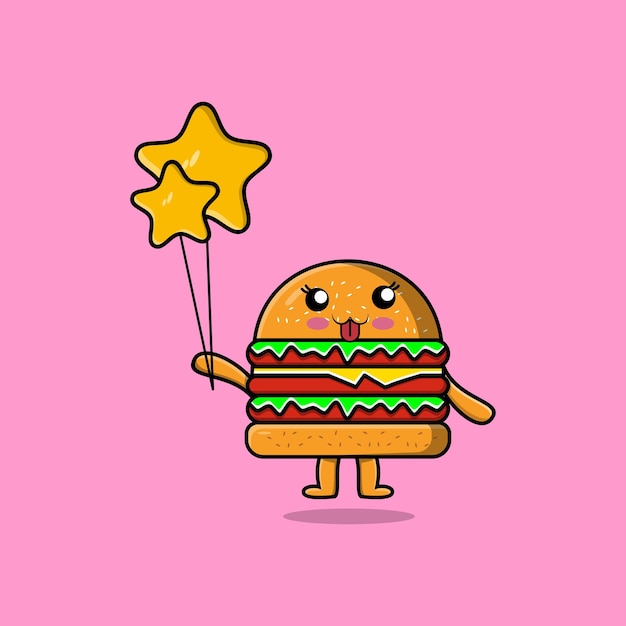 Vector cute cartoon burger floating with star balloon cartoon vector illustration