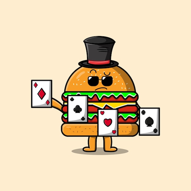 Simpatico cartone animato burger personaggio mago che gioca a carte magiche in stile cartone animato piatto illustrazione