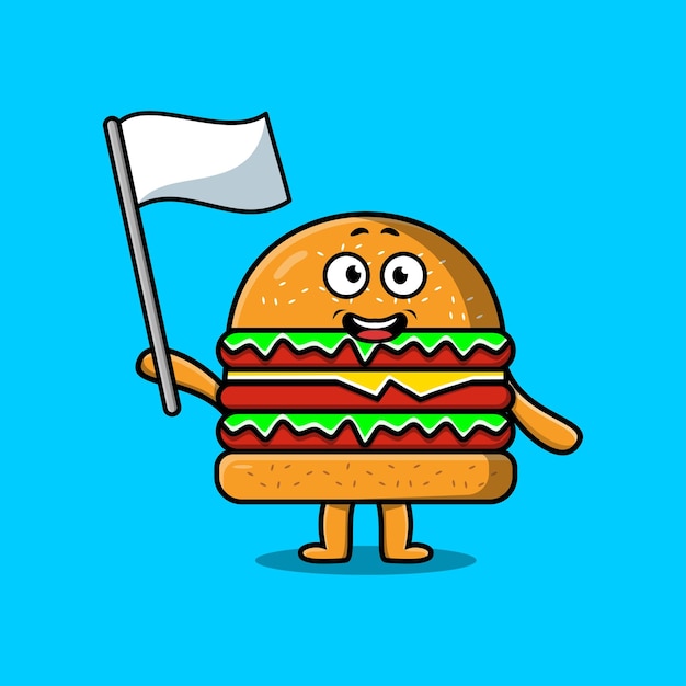Cute cartoon Burger mascot character with white flag in modern design illustration