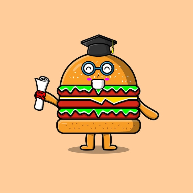 Vettore simpatico cartone animato burger personaggio studente il giorno della laurea con toga in stile cartone animato piatto concetto
