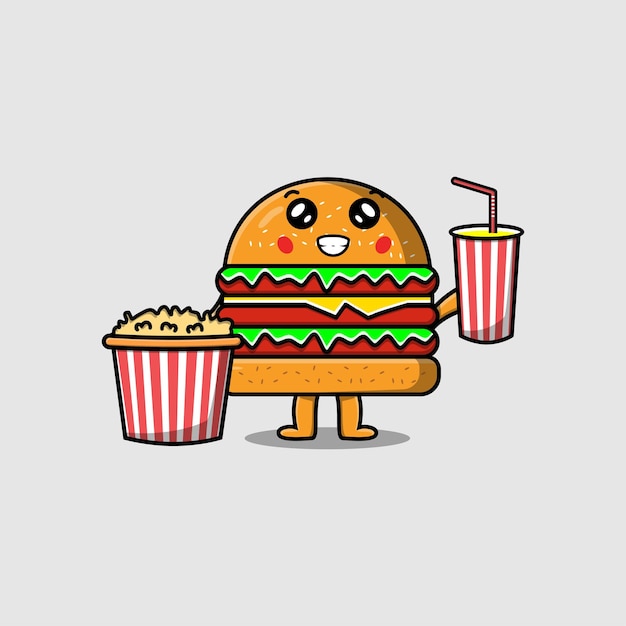 Cute cartoon burger with popcorn and drink ready to watching film in cinema illustration