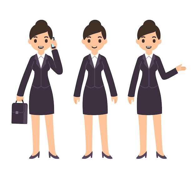 Cute cartoon businesswoman in business suit three poses talking on the phone with suitcase standing and pointing gesture