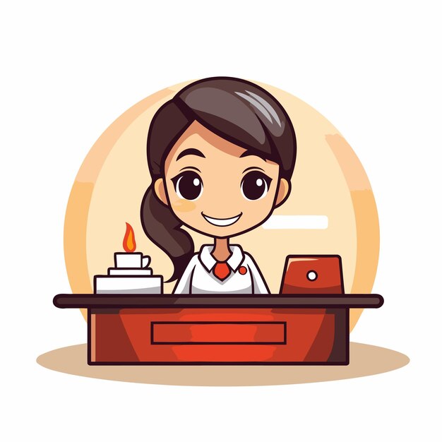 Vector cute cartoon businesswoman working at her desk vector illustration