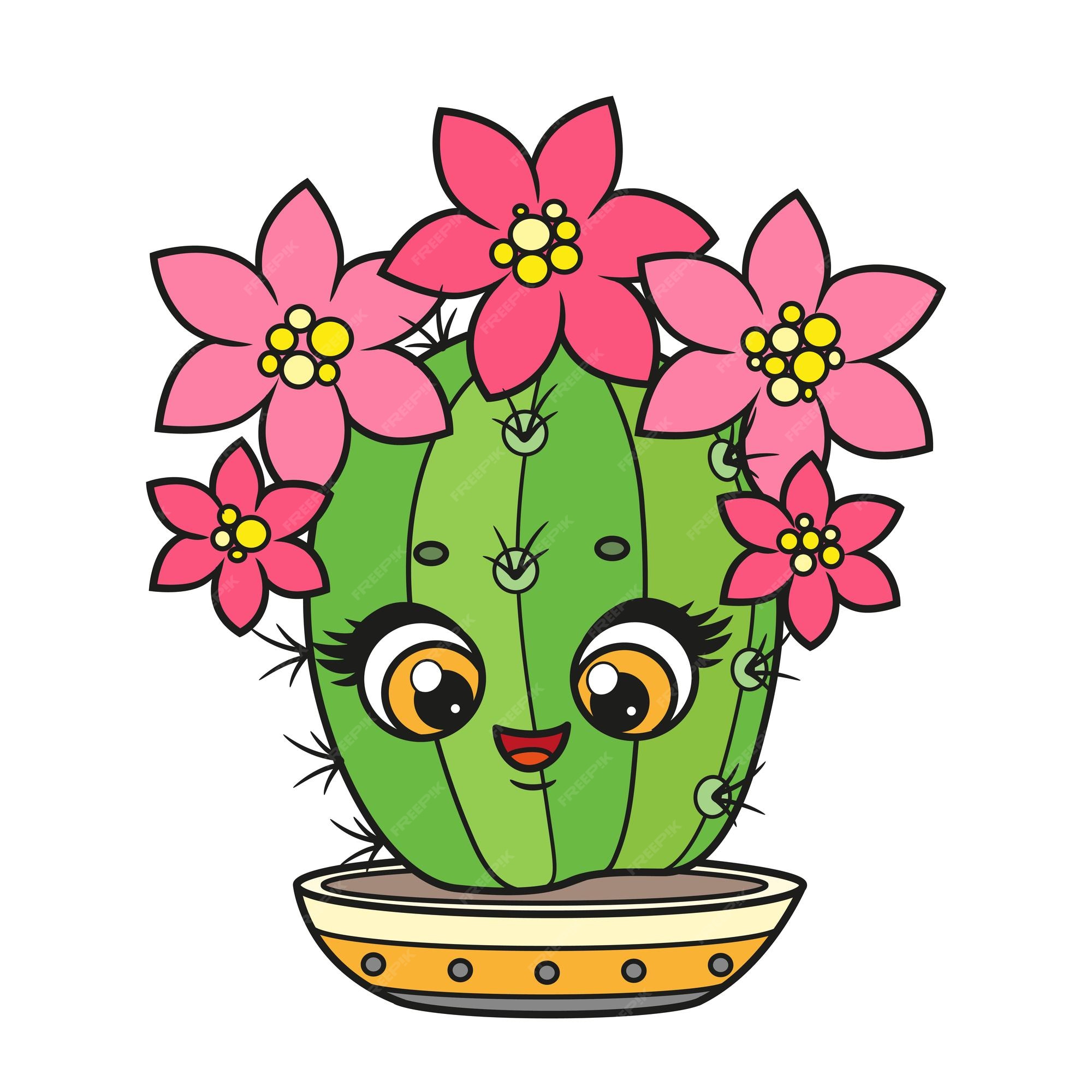 Cute Cactus with Flowers Kawaii Chibi Coloring Page Black and