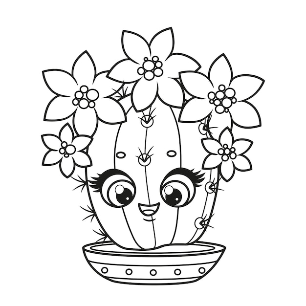 Cute cartoon cacti with flowers outlined for coloring page on white background