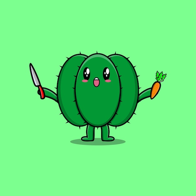 Simpatico cartone animato cactus personaggio che tiene coltello e carota in un design in stile moderno