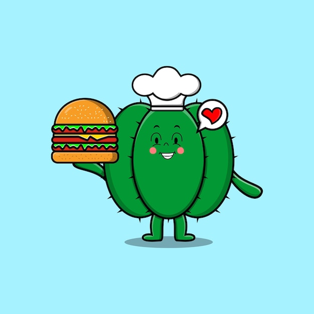 Simpatico cartone animato cactus personaggio chef con hamburger in stile cartone animato piatto