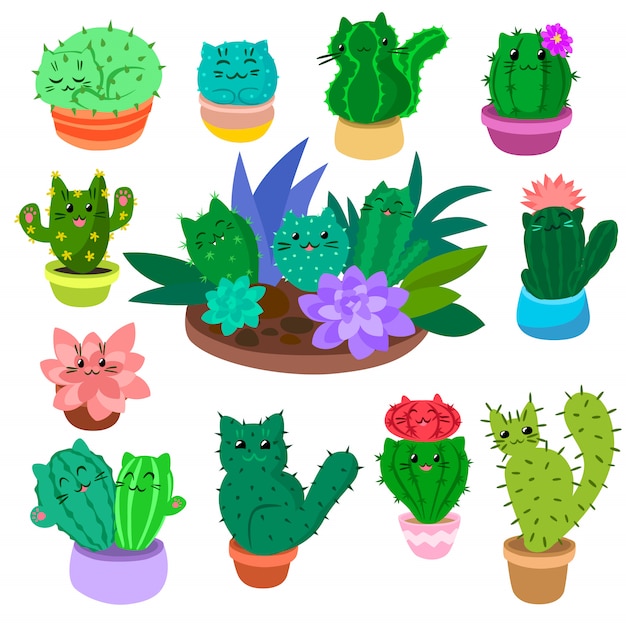 Cute cartoon cactus and succulents set on hand drawn nature plants cacti  illustration isolated  .