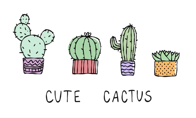 Vector cute cartoon cactus text cacti collection plant in home isolated doodle illustration