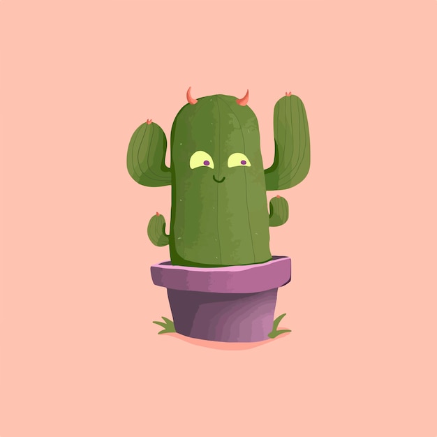 Vector cute cartoon cactus with eyes and mouth
