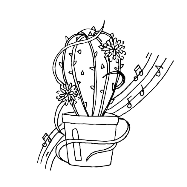 Симпатичный мультяшный кактус с цветком, нарисованным вручную на белом фоне. Векторная иллюстрация цветной книги