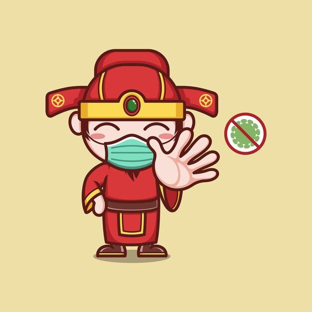 Simpatico cartone animato dio caishen che combatte il virus