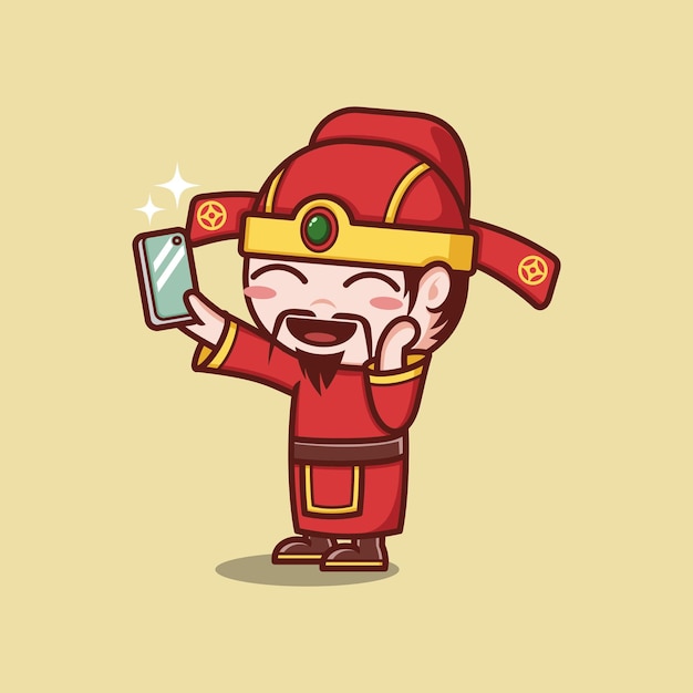 Simpatico cartone animato caishen dio prendendo selfie