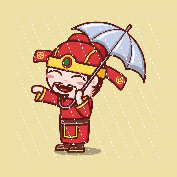 Vector cute cartoon caishen god wearing an umbrella in the rain