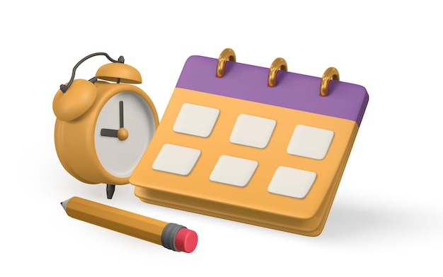 Vector cute cartoon calendar with pencil and clock 3d realistic business note vector illustration