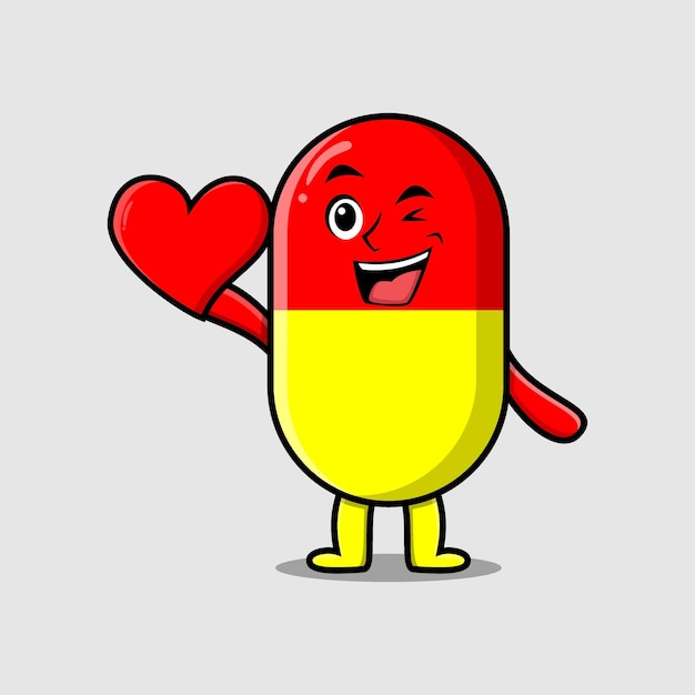Simpatico cartone animato capsula medicina personaggio che tiene grande cuore rosso in stile moderno design