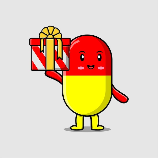 Cute cartoon capsule medicine character holding gift box in vector icon illustration