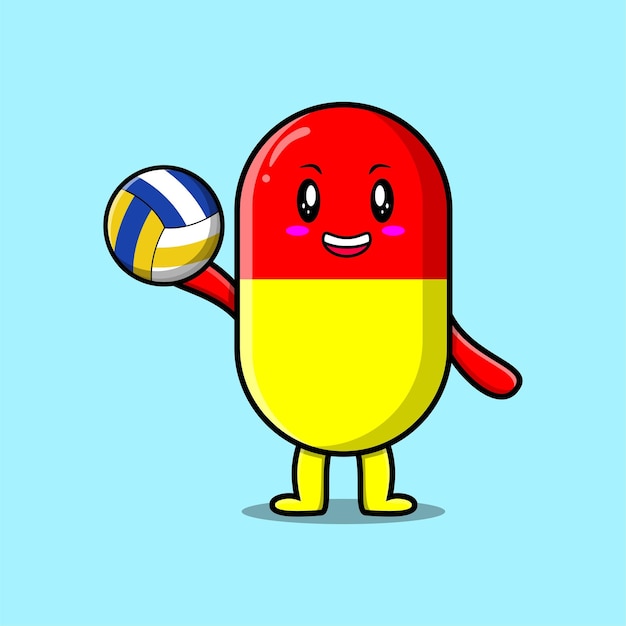 Cute cartoon capsule medicine character playing volleyball in flat cartoon style illustration