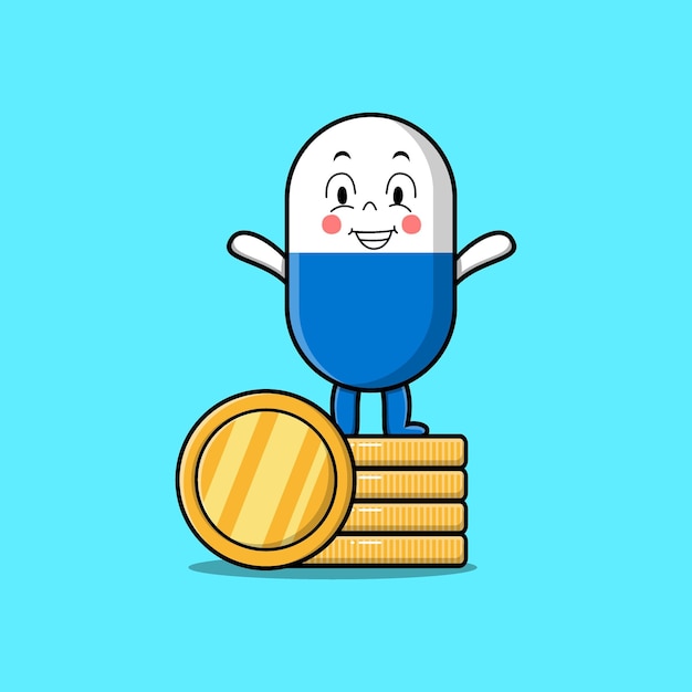 積み重ねられた金貨ベクトルイラストに立っているかわいい漫画カプセル薬のキャラクター