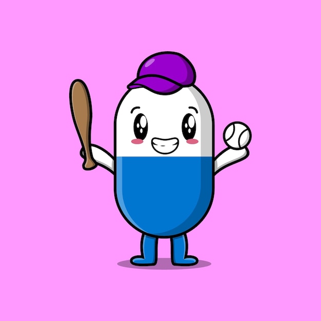 Cute cartoon capsule medicine playing baseball