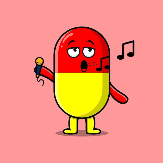 Cute cartoon capsule medicine singer character holding mic in flat modern style design