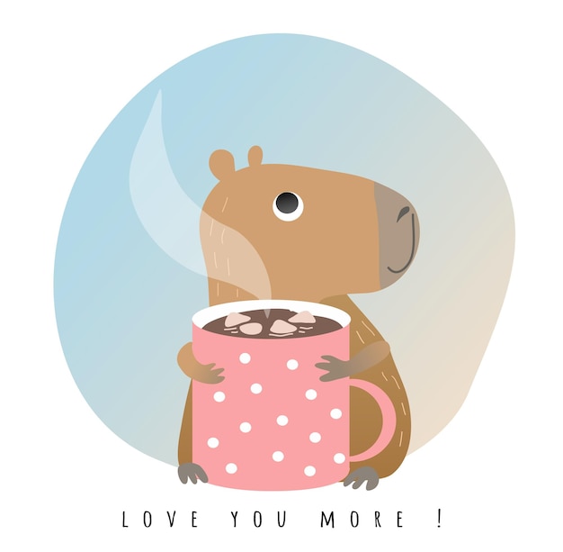 Vector cute cartoon capybara with mug cocoa and marshmallow vector illustration
