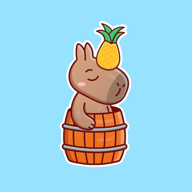 Cute cartoon capybara with pineapple in vector illustration. Isolated animal vector. Flat cartoon