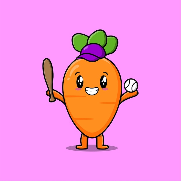 Cute cartoon carrot character playing baseball in modern style design