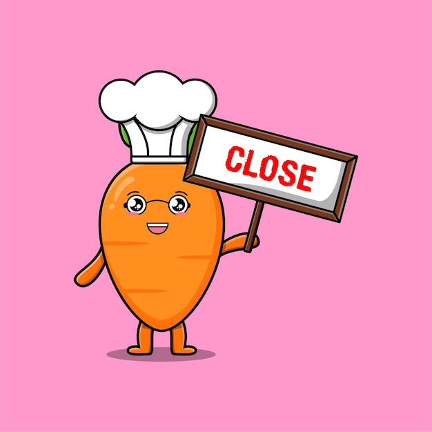 Vector cute cartoon carrot chef character holding close sign board designs in concept flat cartoon style