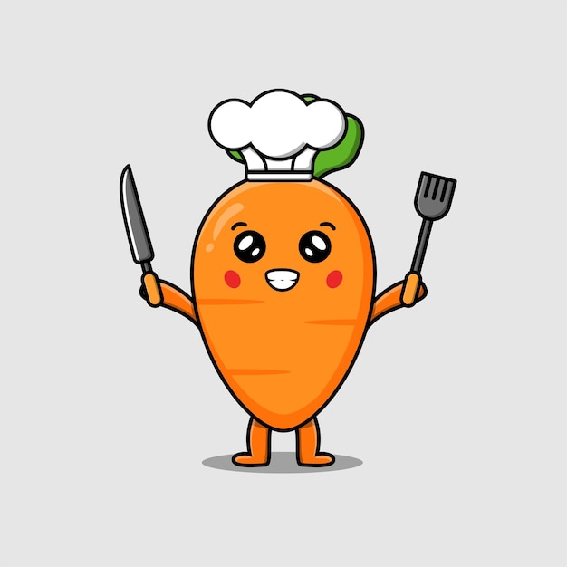 Cute cartoon carrot chef character holding knife and fork in flat cartoon illustration