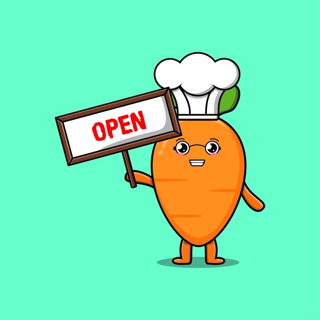 Cute cartoon carrot chef character holding open sign board designs in concept flat cartoon style