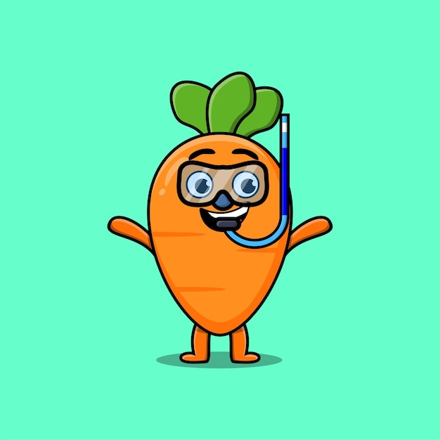 Cute cartoon carrot diver with swimming glass in flat modern style design