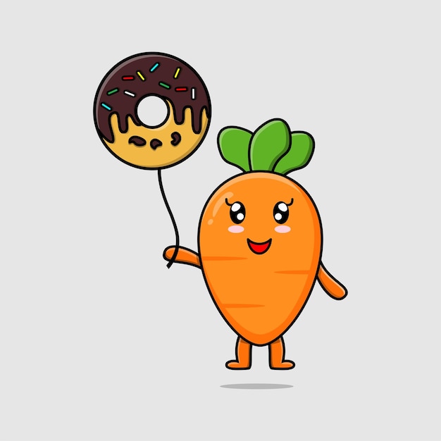 Cute cartoon carrot floating with donuts balloon cartoon vector illustration