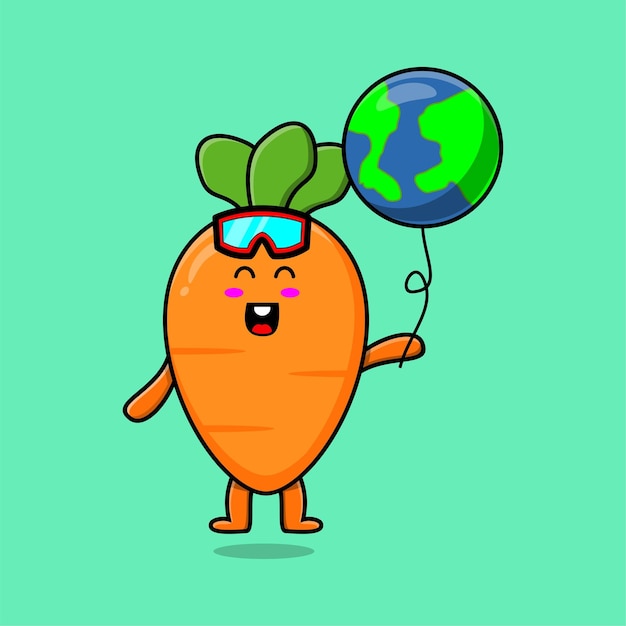 Симпатичная мультяшная морковь, плавающая с векторной иллюстрацией шара мира