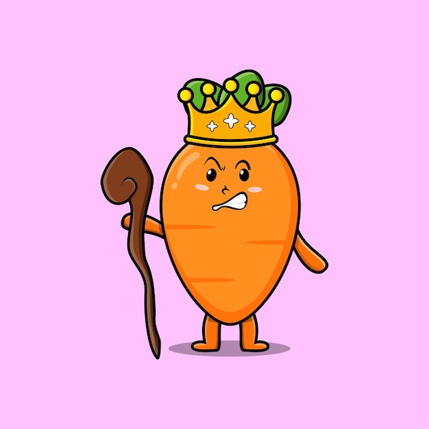 Cute cartoon carrot mascot as wise king with golden crown and wooden stick