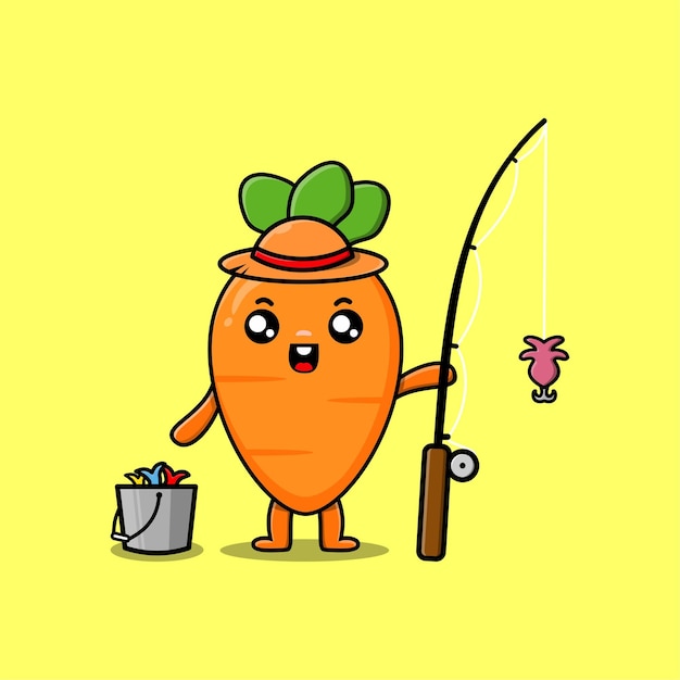 Симпатичная мультяшная морковь готова к рыбалке в рыболовном снаряжении мультипликационный персонаж в концептуальном плоском мультфильме