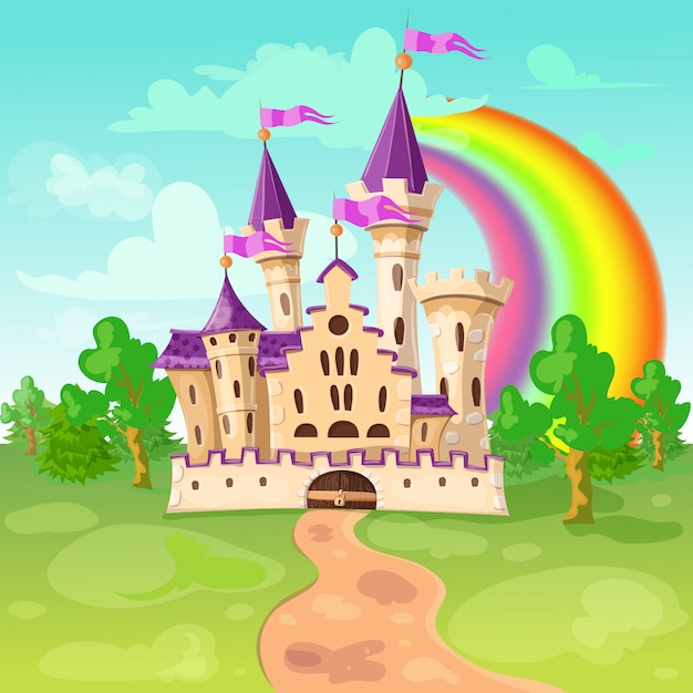 Vector cute cartoon castle. fairy medieval castle in cartoon style.