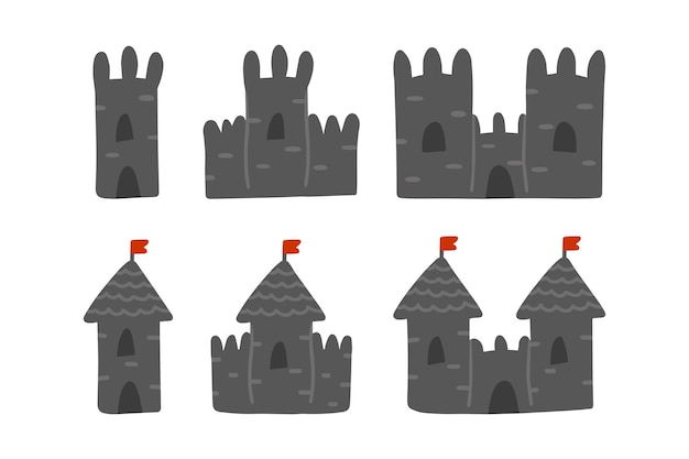 Set di castelli di cartoni animati carino illustrazione vettoriale in uno stile piatto
