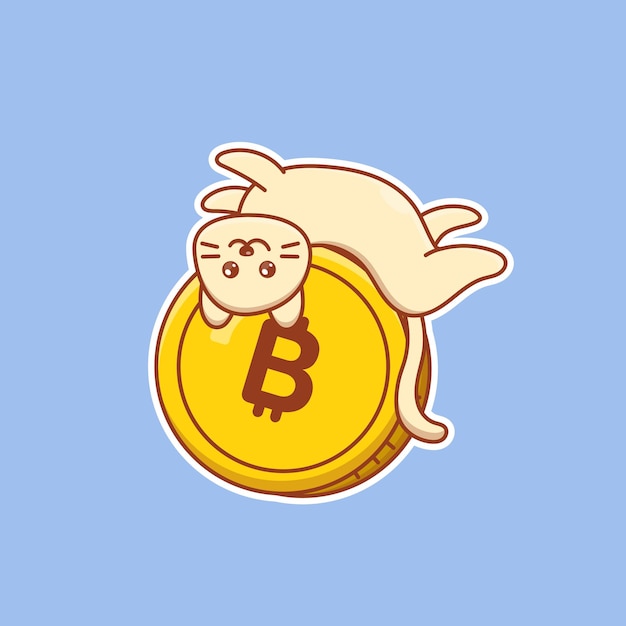 Vettore gatto sveglio del fumetto sulla moneta bitcoin nell'illustrazione di vettore. vettore isolato animale. stile cartone animato piatto