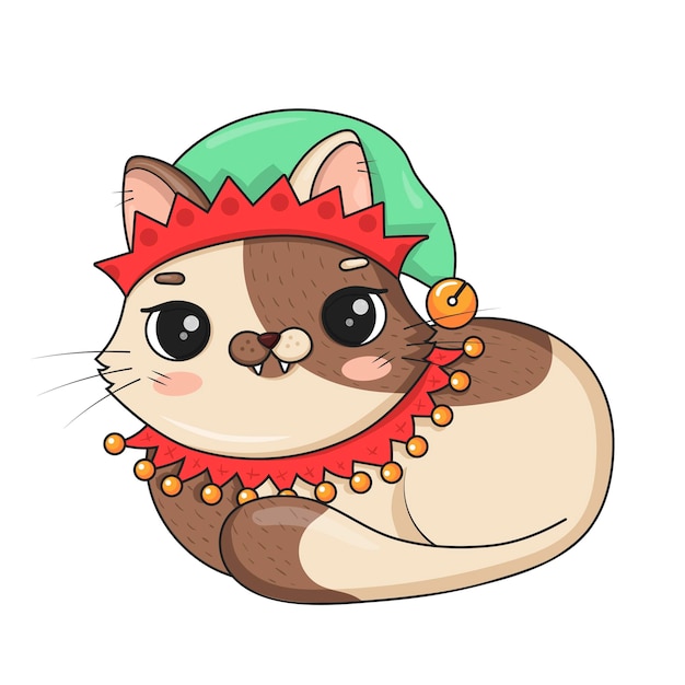 Cute cartoon cat in christmas elf costume lies curled up isolated on white background