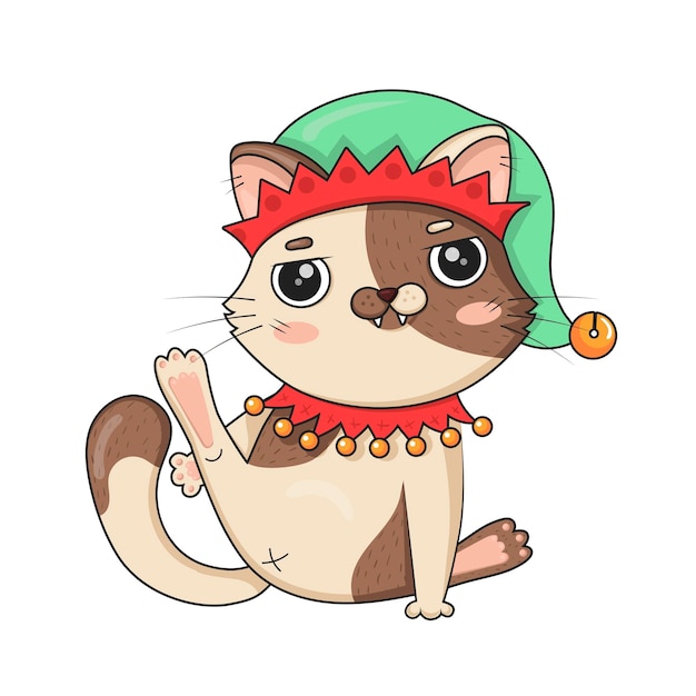 Cute cartoon cat in christmas elf costume with hind paw raised isolated on white background