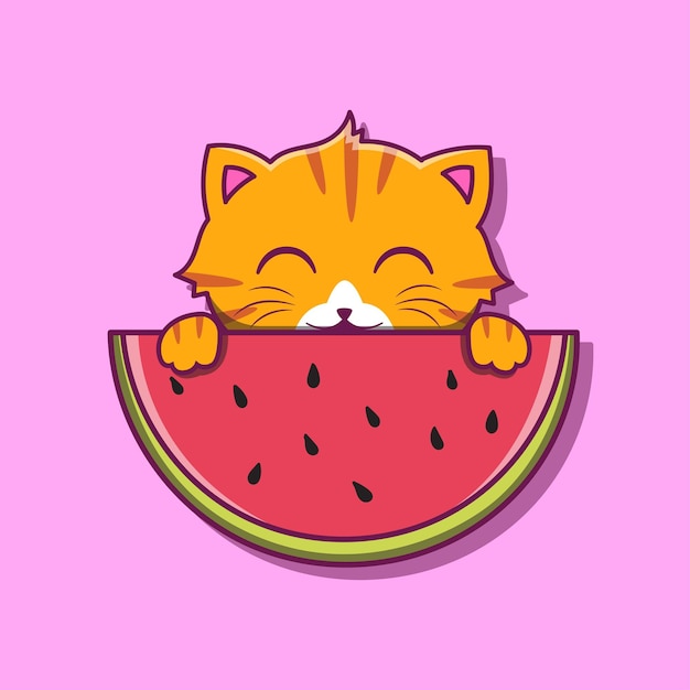 cute cartoon cat eating watermelon