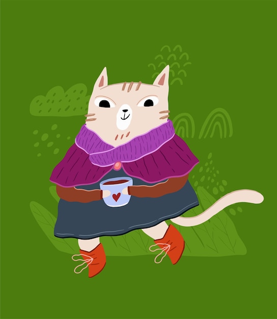 Vettore gatto sveglio del fumetto che gode con l'illustrazione del tè