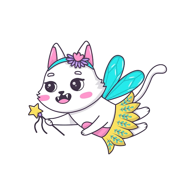 Cute cartoon cat fairy with magic wand in ballerina tutu flying in doodle style isolated on white background