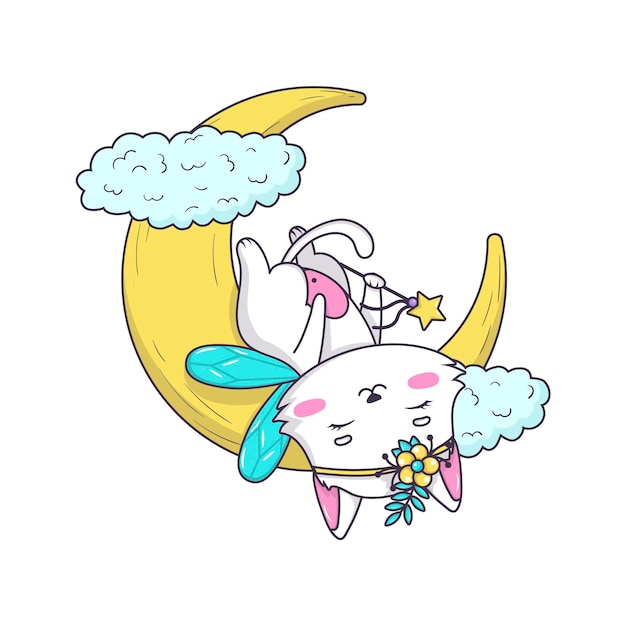 Симпатичная мультяшная кошачья фея с волшебной палочкой, спящая на луне в стиле каракулей на белом фоне
