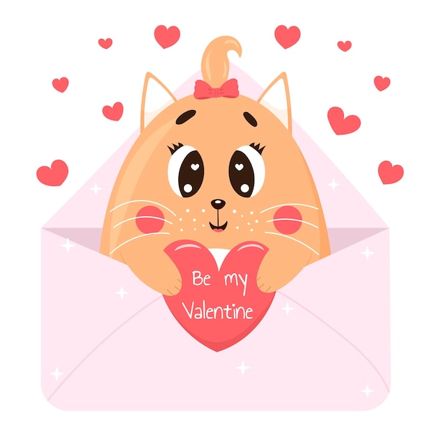 Вектор Милая девочка-кошка из мультфильма в конверте с открыткой валентина векторная иллюстрация для плаката открытки
